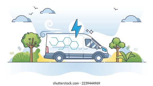 Camión eléctrica y automóvil de la compañía logística con el concepto de contorno de energía eléctrica. Automóvil verde con ilustración vectorial de tipo combustible inteligente y recargable. Carga de la batería para el camión de envío de paquetes.