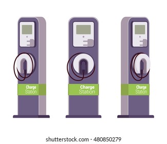 Electric vechle charging station from different positions isolated against white background. Cartoon vector flat-style illustration