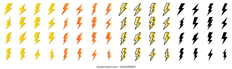 Electric vector icon set. Creative vector illustration of thunder and bolt lighting flash icon. Bolt logo. Electric symbols. Black icons of thunder and flash lighting.
