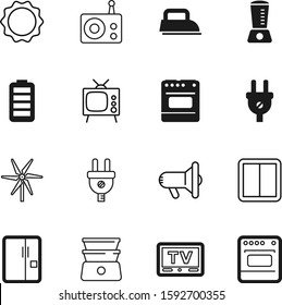 electric vector icon set such as: announcement, fridge, industry, acid, fuel, radio, windmill, plastic, blender, fresh, battery, microphone, renewable, service, megaphone, off, blue, cloth, megafone