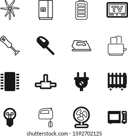 electric vector icon set such as: innovation, air, digital, communication, drink, fuel, screen, television, farm, washer, clothing, microwave, lightbulb, ironing, conditioner, ventilator, adapter