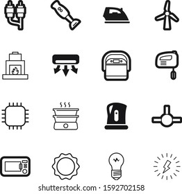 electric vector icon set such as: iron, lightbulb, fresh, cooler, cloth, bulb, shadow, flame, plastic, microchip, temperature, data, environment, cuisine, tower, pictogram, place, microprocessor
