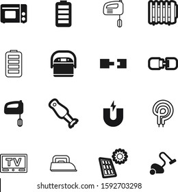 electric vector icon set such as: vacuum, entertainment, signal, dust, interior, alternative, solar, horseshoe, label, sun, attractive, tv, cell, clothing, device, multicooker, field, silhouette