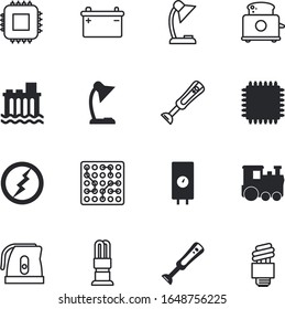 electric vector icon set such as: metro, isometric, cell, preparation, toast, cfl, spark, bread, thunderbolt, random-access, dam, flash, environment, wagon, boiler, subway, memory, comfort