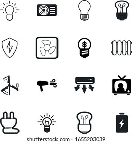 Electric vector icon set such as: shield, light bulbs, fan, blow dryer, fence, tv, battery and plug. 