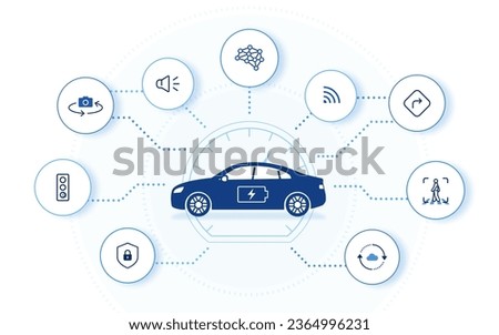 Electric vehicle with AI technology. car side view, autonomous driving AI automotive IoT tech icons vector illustration