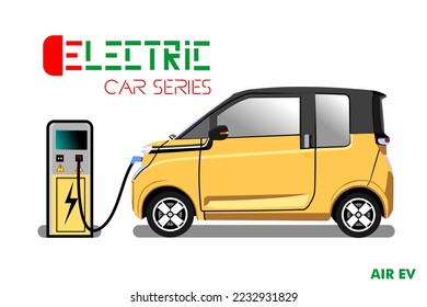 Electric Vehicle Air Ev - City Car Series. Yellow Car in White Background with Charging Station (EVCS). Suitable for T-Shirt Design and Wallpaper.