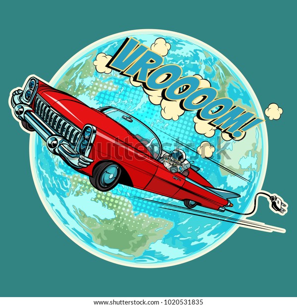 Electric vehicle with an astronaut flying in\
space over the planet Earth. Pop art retro comic book vector\
cartoon hand drawn\
illustration