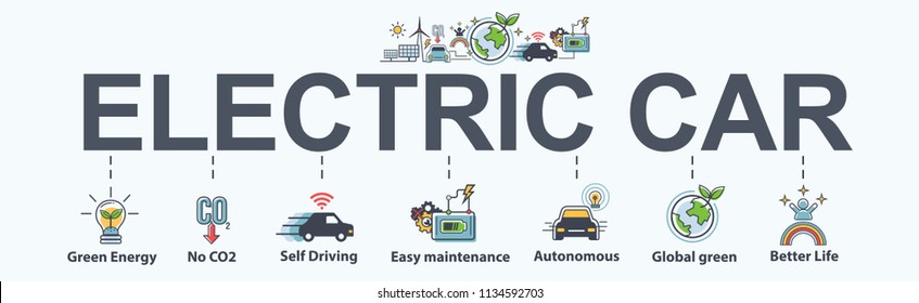 Electric vehicle banner web icon for business and technology, green energy, self driving, autonomous and EV fuel Plug in hybrid car. Minimal vector infographic.