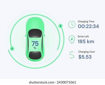 Electric Vehicle battery charging with Car top view symbol display status clean interface illustration design concept. EV car battery charging dashboard Modern illustration for ui, website, business.