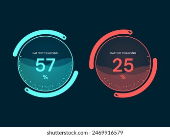 Electric vehicle Battery Charging circle Status interface with Battery Charging, Battery Low vector design concept. Electric car charging for EV station, EV business, ui, infographic, web, new tech.