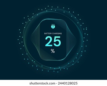 Elektrische Fahrzeugbatterie-Aufladung Dashboard Hologramm-Schnittstelle mit abstrakten Linien Wellenbewegungsvektor-Design-Konzept. EV-Autobatterie-Ladedashboard für ui, Website, EV-Geschäft, EV-Station.