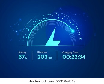 Electric Vehicle battery charging Dashboard Hologram Interface with lightning bolt symbol, technology circle Round loading bar vector design concept. Battery charging dashboard for ui, ev car, tech.