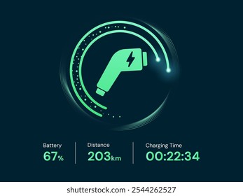 Carregamento de bateria do veículo elétrico Painel de instrumentos Interface com o símbolo do conector do plugue EV no círculo da tecnologia Conceito de projeto de vetor da barra de carga redonda. Painel de carregamento de bateria para ui, carro ev, nova tecnologia.