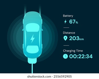 Electric Vehicle battery charging Dashboard Interface with Top view electric car charging battery vector design concept. EV charging design for Electric Car, EV station, ui, clean energy, website.