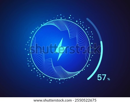 Electric Vehicle battery charging Dashboard Hologram Interface with lightning bolt symbol in technology circle Round loading bar vector design concept. Battery charging dashboard for ui, ev car, tech.