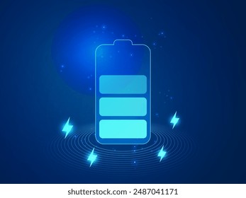 Electric Vehicle battery charging digital Hologram Interface with Lightning Bolt Energy Technology vector design concept. Battery charging Interface for ui, web, EV business, new tech, clean energy.