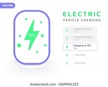 Electric Vehicle battery charging display status with charging Status and lightning bolt symbol in battery shape clean ui interface illustration design concept for clean energy, ev car, ui, website.