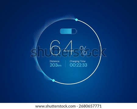 Electric Vehicle battery charging Interface with Minimalist Thin Numbers battery percentage in abstract wavy moving Circular Progress Bar vector design concept. Battery charging dashboard for ui, web.