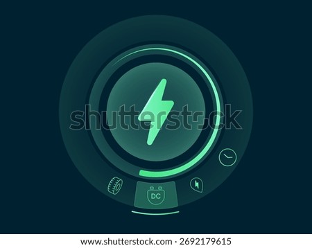 Electric Vehicle battery charging Interface with neon green lightning bolt symbol in Circular Menu ev car charging vector design concept. Battery charging dashboard for ui, website, infographic.