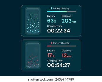 Electric Vehicle battery charging Status Dashboard Hologram Interface with Battery Charging, Low Battery vector design concept. Battery charger neon green for EV car, ui, website, infographic, company