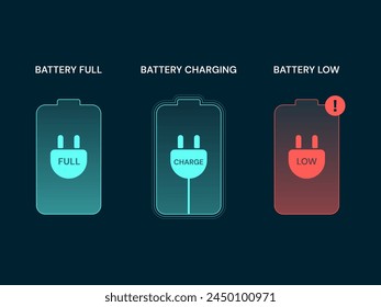 Electric vehicle Battery Charging Status interface with Battery Fully, Battery Charging, Battery Low vector design concept. Electric car charging for EV station, EV business, ui, infographic, web.