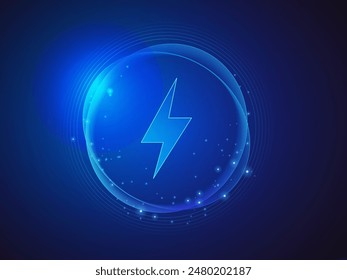 Electric Vehicle battery charging Status Dashboard Hologram Interface with Lightning Bolt Symbol in Abstract technology circle effect light blue vector design concept. Battery charging for ui, web, ev