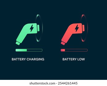 Interface de status de carregamento da bateria do veículo elétrico com o conceito de projeto do vetor da bateria de carregamento, bateria fraca e barra de carregamento. Carregamento de carro elétrico para estação EV, EV business, ui, infográfico, web.