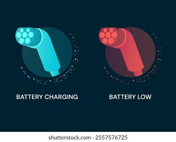 Electric vehicle Battery Charging Status interface with Ev Charger Connector symbols Battery Charging, Battery Low vector design concept. Electric car charging for EV station, EV business, ui, tech.