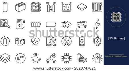 Electric vehicle battery and charging technology icon set with EV battery text