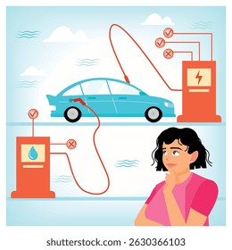 An electric vehicle is being charged at a station while a person considers the choice between charging the car with a battery or fuel. Urbanization and Mobility Concept.