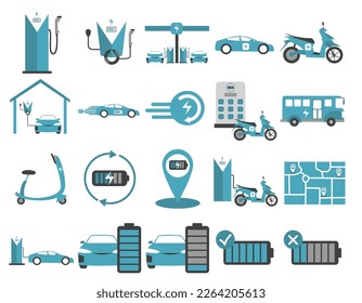 Electric vehicle blue icon set. Vector of EV Illustration such as electric cars, bus, motorcycle, charging station and others