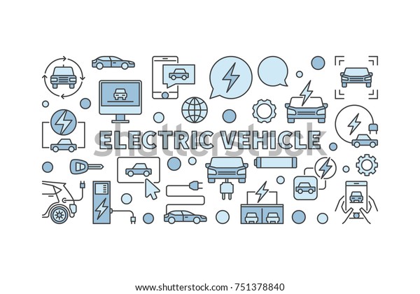 Electric vehicle\
blue illustration. Vector EV horizontal creative banner made with\
car icons on white\
background