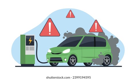 Electric vehicle breakdown and fire during charging. Vehicle recovery. Automobile with smoke from tires wheels, e-car break, smoke from engine. Modern technology. Cartoon flat vector concept