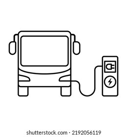 Electric vehicle bus in the charging station icon and symbol. Simple line art.
