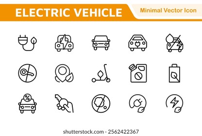 Electric Vehicle and Car Icon Set. A modern collection of icons showcasing electric transportation, perfect for enhancing automotive apps, websites, and sustainability initiatives.