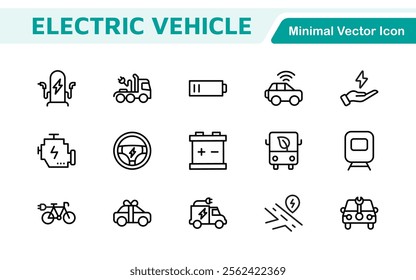 Electric Vehicle and Car Icon Set. A modern collection of icons showcasing electric transportation, perfect for enhancing automotive apps, websites, and sustainability initiatives.