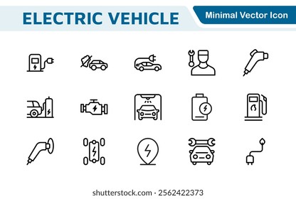 Electric Vehicle and Car Icon Set. A modern collection of icons showcasing electric transportation, perfect for enhancing automotive apps, websites, and sustainability initiatives.