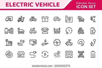 Electric Vehicle and Car Icon Set. A modern collection of icons showcasing electric transportation, perfect for enhancing automotive apps, websites, and sustainability initiatives.
