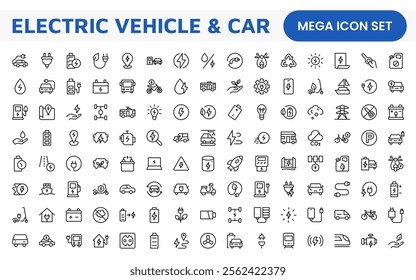 Electric Vehicle and Car Icon Set. A modern collection of icons showcasing electric transportation, perfect for enhancing automotive apps, websites, and sustainability initiatives.