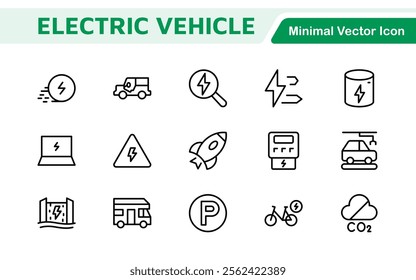 Electric Vehicle and Car Icon Set. A modern collection of icons showcasing electric transportation, perfect for enhancing automotive apps, websites, and sustainability initiatives.