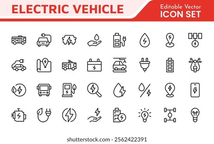 Electric Vehicle and Car Icon Set. A modern collection of icons showcasing electric transportation, perfect for enhancing automotive apps, websites, and sustainability initiatives.