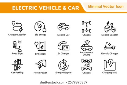 Electric Vehicle and Car Icon Set. A modern collection of icons showcasing electric transportation, perfect for enhancing automotive apps, websites, and sustainability initiatives.