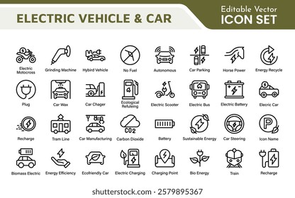 Electric Vehicle and Car Icon Set. A modern collection of icons showcasing electric transportation, perfect for enhancing automotive apps, websites, and sustainability initiatives.