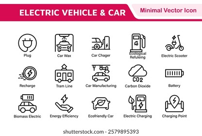 Electric Vehicle and Car Icon Set. A modern collection of icons showcasing electric transportation, perfect for enhancing automotive apps, websites, and sustainability initiatives.