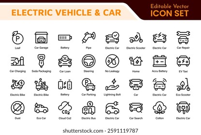 Electric Vehicle and Car Icon Set. A modern collection of icons showcasing electric transportation, perfect for enhancing automotive apps, websites, and sustainability initiatives.