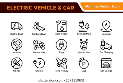 Electric Vehicle and Car Icon Set. A modern collection of icons showcasing electric transportation, perfect for enhancing automotive apps, websites, and sustainability initiatives.