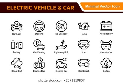 Electric Vehicle and Car Icon Set. A modern collection of icons showcasing electric transportation, perfect for enhancing automotive apps, websites, and sustainability initiatives.