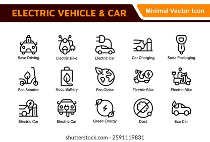 Electric Vehicle and Car Icon Set. A modern collection of icons showcasing electric transportation, perfect for enhancing automotive apps, websites, and sustainability initiatives.