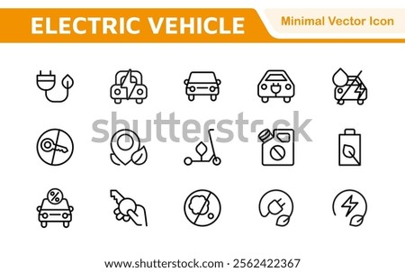 Electric Vehicle and Car Icon Set. A modern collection of icons showcasing electric transportation, perfect for enhancing automotive apps, websites, and sustainability initiatives.